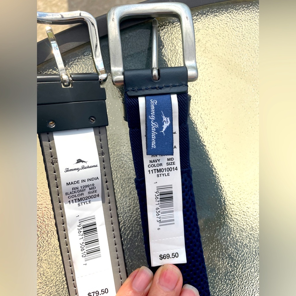 Tommy Bahama NWT Stylish Black and Blue Belts with Silver Buckles Med.